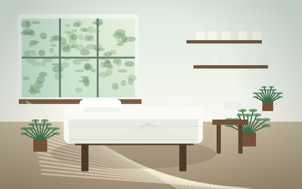 A clean massage studio room with a prepared table, plants, shelves, and soft natural light